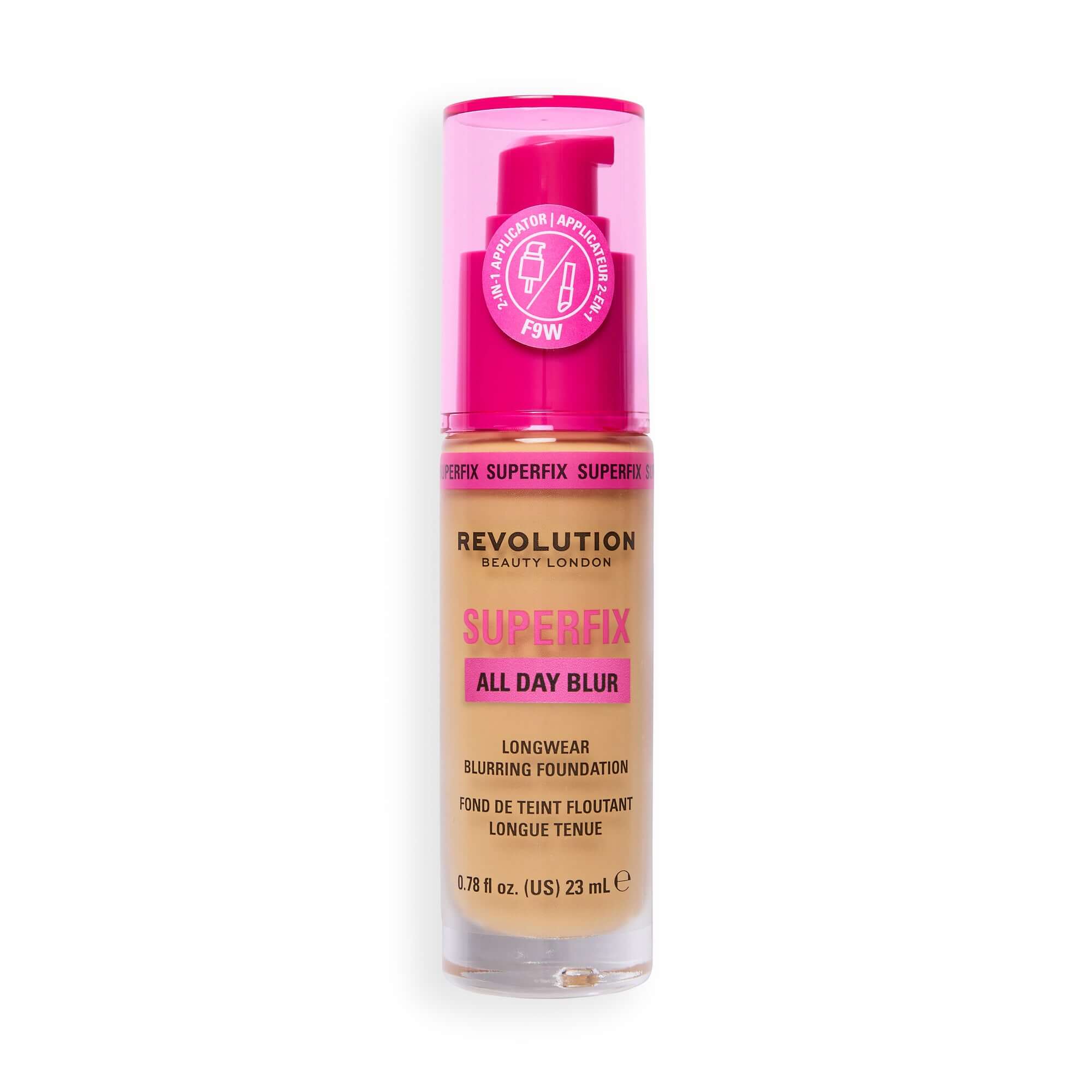 Revolution Superfix Blur Longwear Foundation in color F9W with a soft matte finish and hydrating formula.