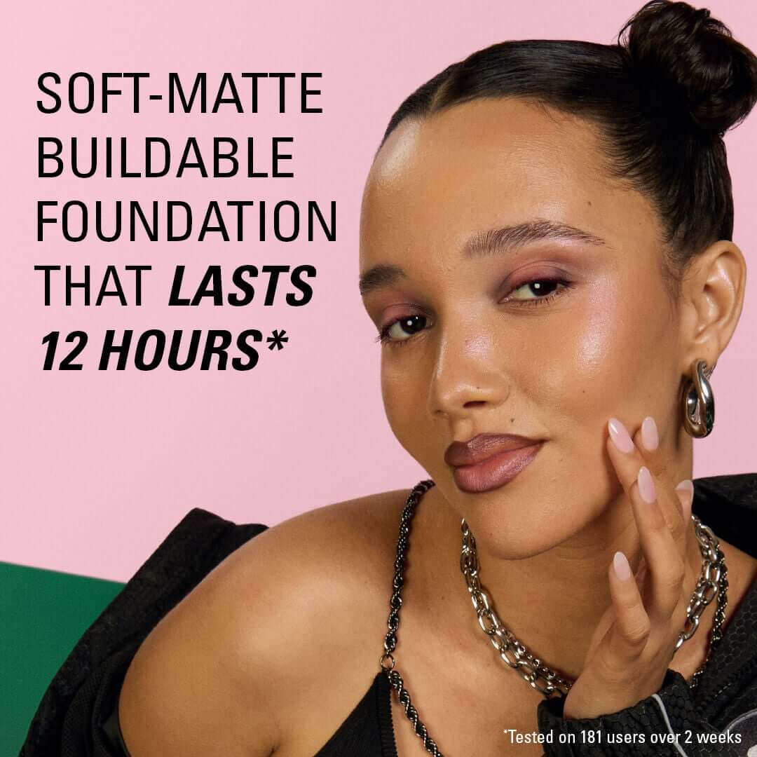 Revolution Superfix Blur Longwear Foundation model showcasing soft-matte, buildable coverage that lasts 12 hours.