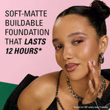 Revolution Superfix Blur Longwear Foundation model showcasing soft-matte, buildable coverage that lasts 12 hours.