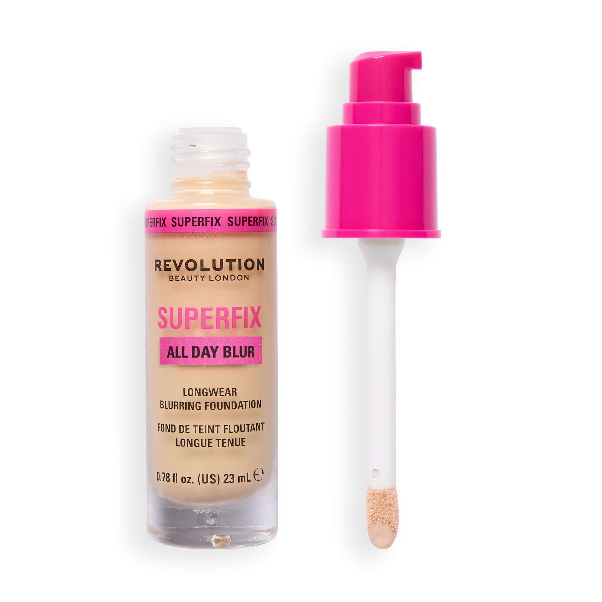 Revolution Superfix Blur Longwear Foundation bottle with pump and applicator, showcasing skin-perfecting formula.