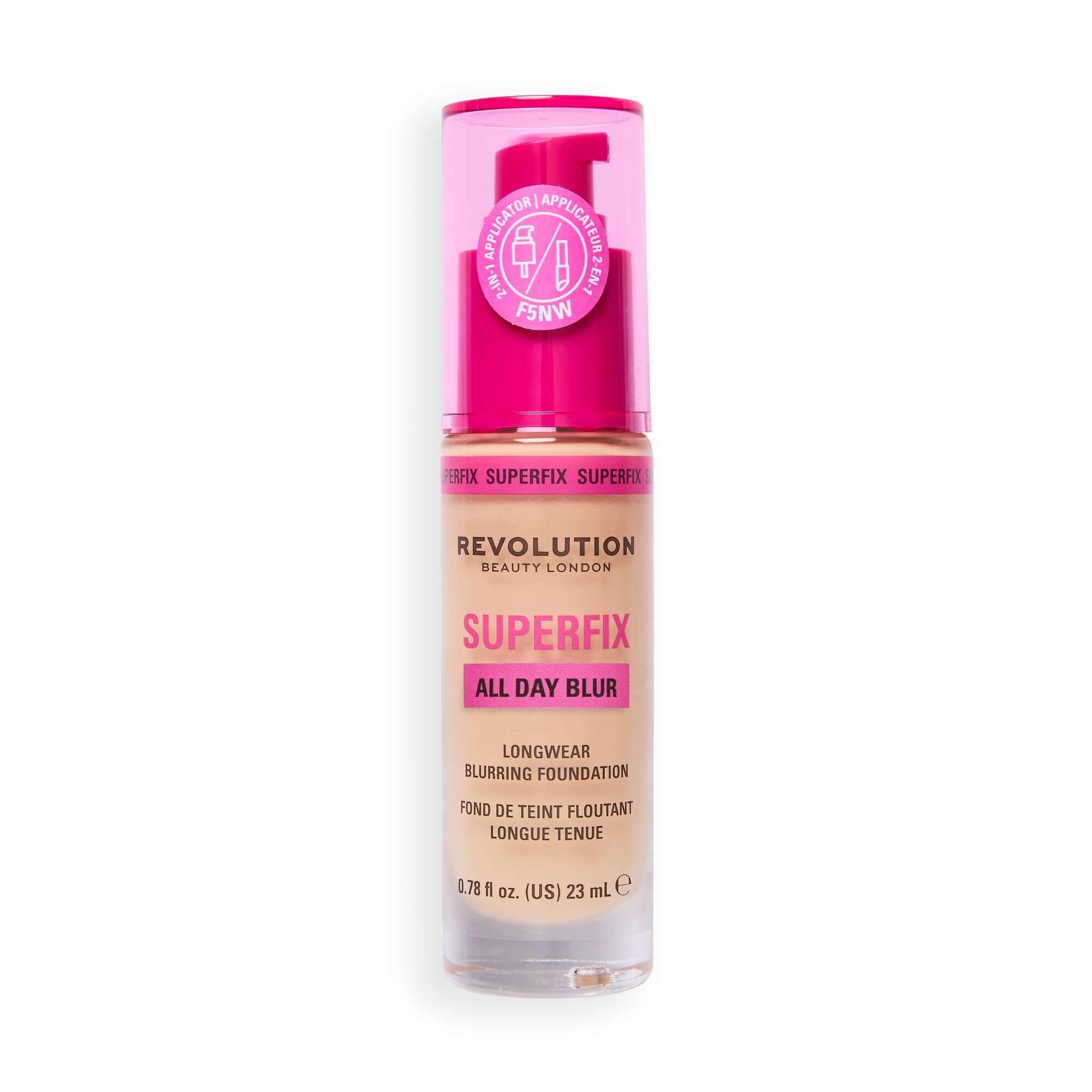 Revolution Superfix Blur Longwear Foundation in color F5NW with soft matte finish and hyaluronic acid for hydration.