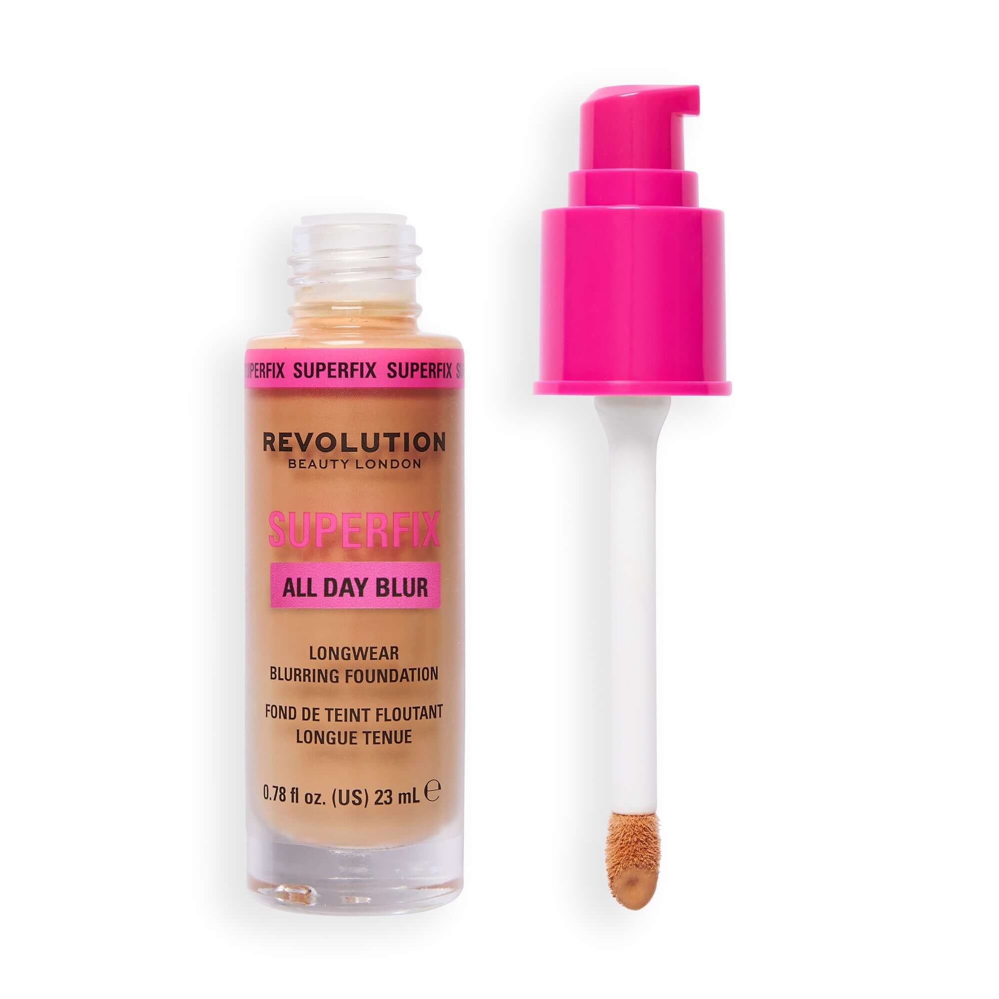 Revolution Superfix Blur Longwear Foundation bottle with pump applicator, showcasing blurring and longwear features.