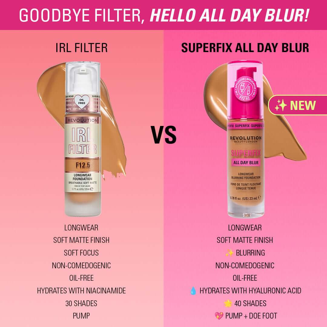 Revolution Superfix Blur Longwear Foundation product comparison with IRL Filter, highlighting features and benefits.