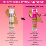 Revolution Superfix Blur Longwear Foundation product comparison with IRL Filter, highlighting features and benefits.
