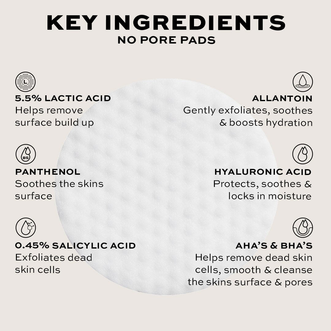 Key ingredients in No Pore Pads: Lactic Acid, Panthenol, Allantoin, Hyaluronic Acid, Salicylic Acid, AHA's & BHA's.