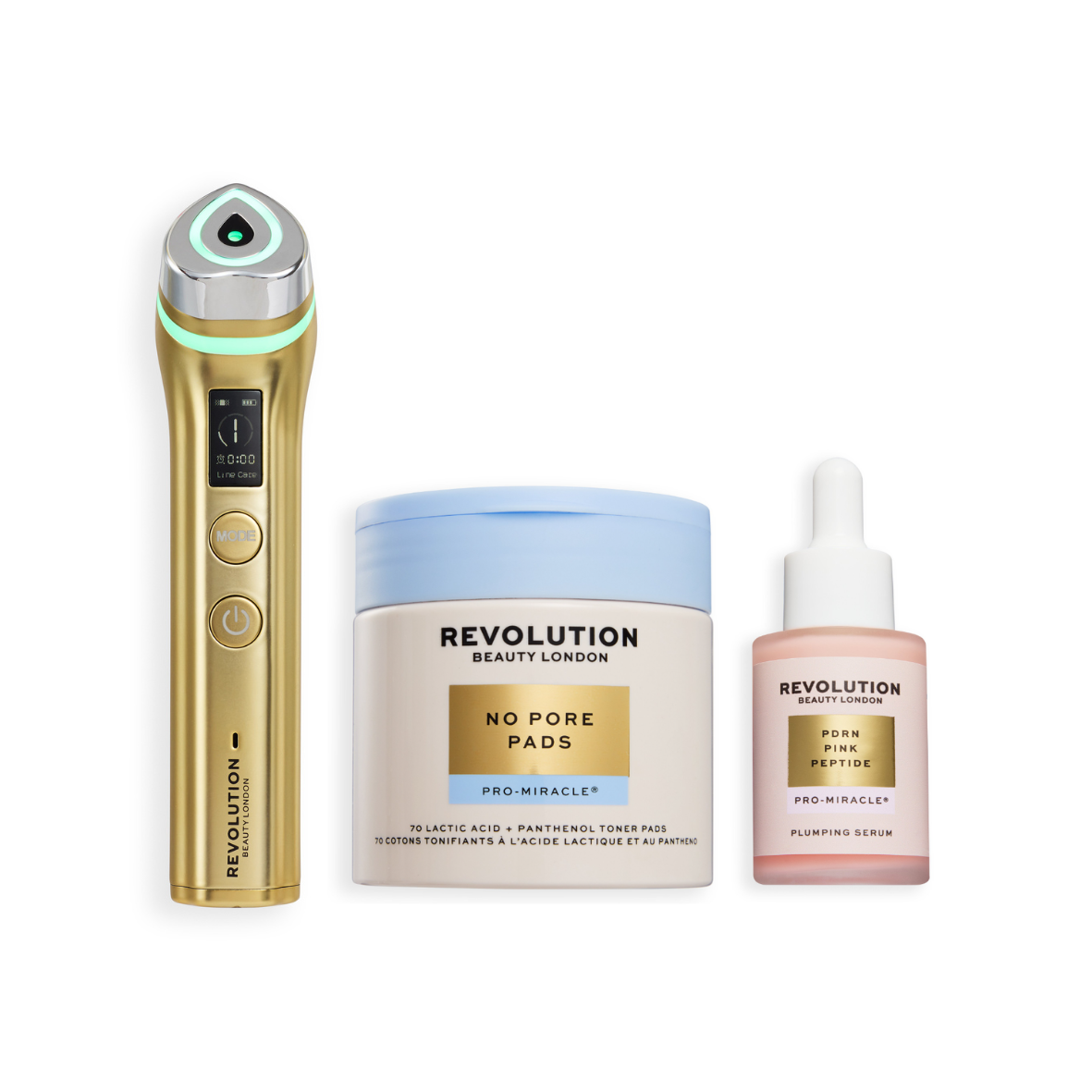 Revolution Pro Miracle Pro-R Booster & Viral Skincare Bundle featuring facial device, no pore pads, and peptide serum.