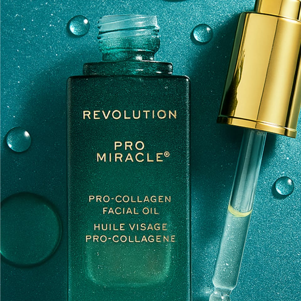 image of Revolution's Pro Miracle Pro Collagen Serum on a teal background with water droplets