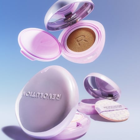 image of Revolution's Cushion Foundaation on a purplebackground